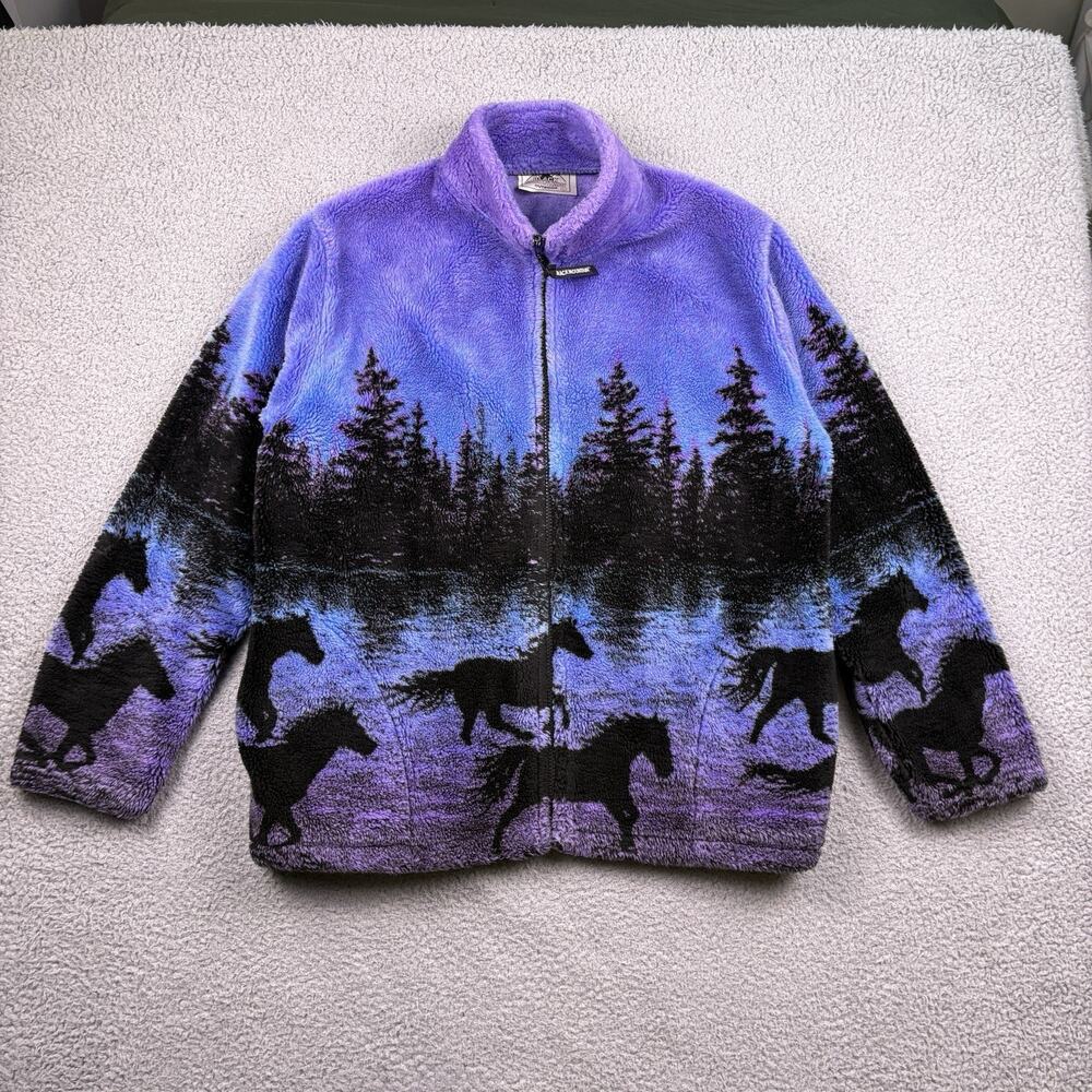 VTG Black Mountain Fleece Jacket Mens Large Twilight Horses USA All Over Print